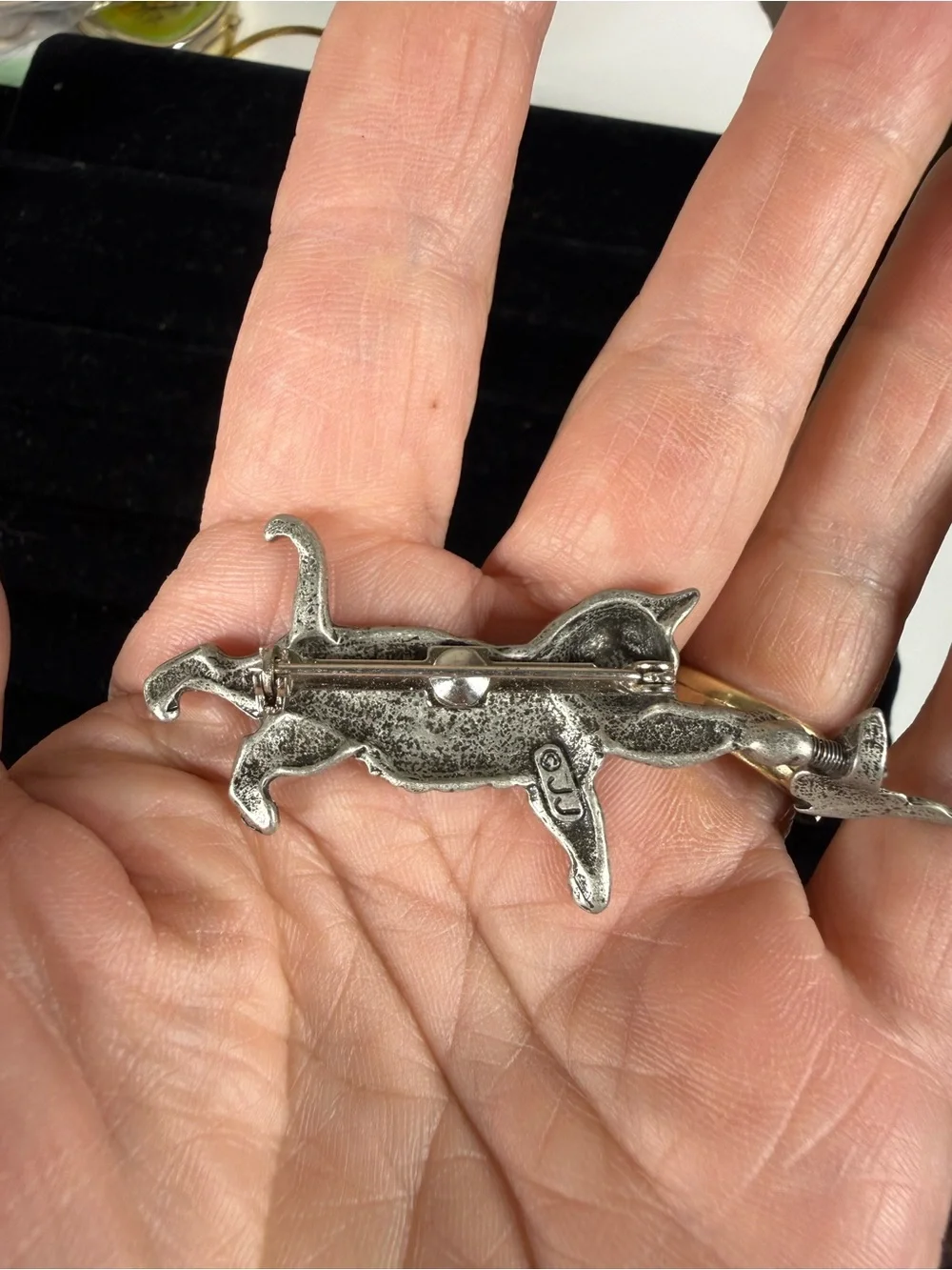 Silver Cat Playing with Butterfly Brooch